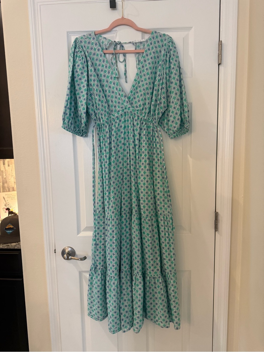 MNG 100% Cotton Mint Green Floral Tiered Maxi Dress with V-Neck